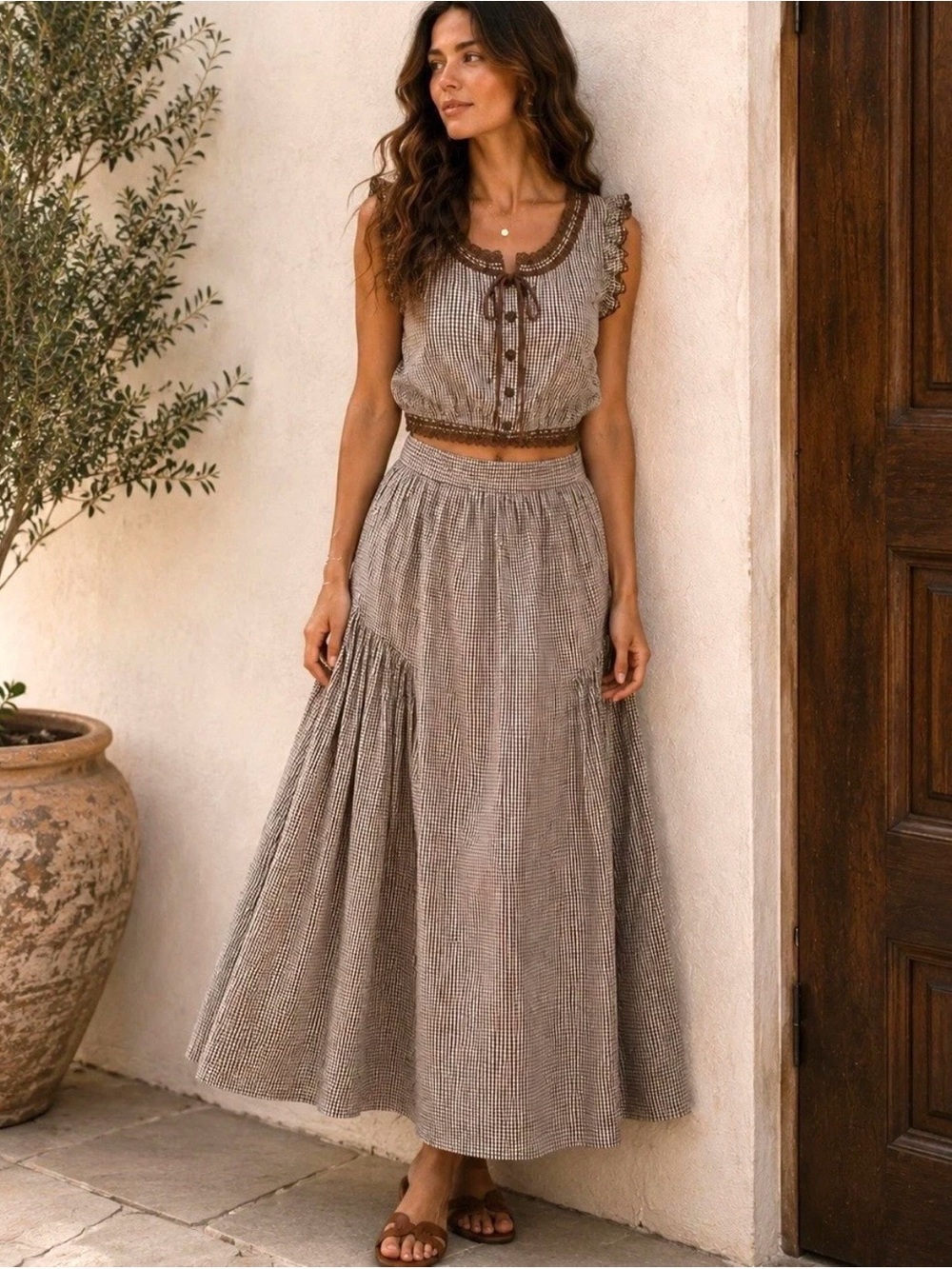NWT Caroline Constas Brown Gingham Lace Trim Crop Top Maxi Skirt Set Small S